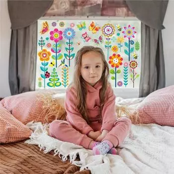99pcs Wall Sticker Set Butterfly Flower Window Stickers Waterproof Transparent Vinyl Decals for Home Decoration Easy Peel and Stickers for Wall/Window разноцветный