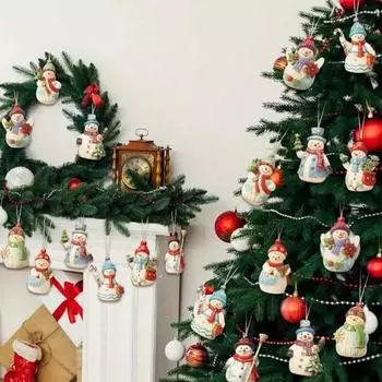 9/18 шт. Подвеска в виде снеговика, деревянное рождественское подвесное украшение, расписанный подвесной снеговик с бечевкой для праздничного декора рождественской елки 9pcs