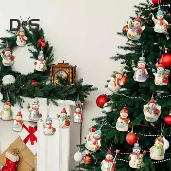 9/18 шт. Подвеска в виде снеговика, деревянное рождественское подвесное украшение, расписанный подвесной снеговик с бечевкой для праздничного декора рождественской елки 9pcs
