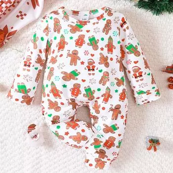 9-24 месяца Рождественский младенец Милый Пряничный человечек Полный Принт Комбинезон Повседневный Длинный Рукав Комбинезон 9-12M