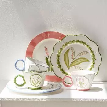 9,2-дюймовая керамическая обеденная тарелка с 300-миллилитровой кофейной кружкой, набором десертных тарелок, чашкой для воды, расписанной вручную цветочной чашкой для чая с молоком 300ml зелёный