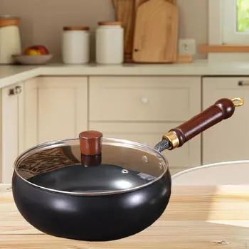 9.45 Сковорода Wok для жарки без покрытия Многоцелевая деревянная ручка для приготовления пищи Посуда для домашней кухни glass lid