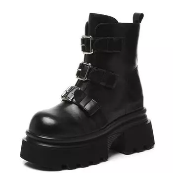 9,5 см микрофибры кожаные осенние ботинки на плоской подошве плюшевые ботильоны модные женские весенние туфли на танкетке толстая подошва мотоциклетные туфли 34 чёрный