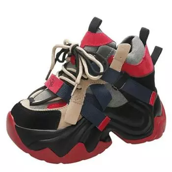 9,5 см осенне-зимние массивные кроссовки женские на шнуровке на платформе спортивная обувь для девушек гот толстые высокие каблуки женские кроссовки на танкетке 34 чёрный