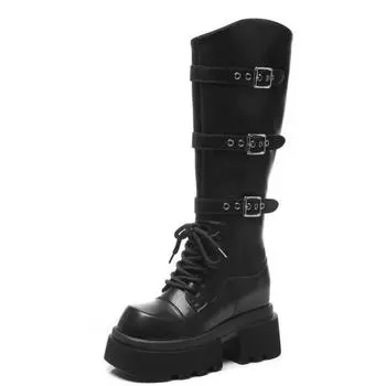 9.5CM Fashion Microfiber Women Boots Synthetic Boots Leather Autumn Platform Wedge Knee High Fashion British Ankle Spring Shoes 34 чёрный