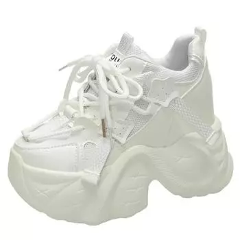 9.5CM Heels Chunky Sneakers Spring Autumn Women Breathable Shoes Comfortable Casual Leather Shoes 2024 Fashion Female WomenShoes 34 бежевый
