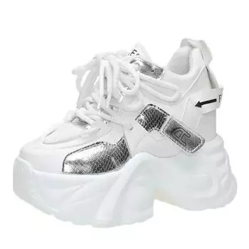 9.5CM High Heels Autumn New Chunky Sneakers for Women Platform Sports Breathable Mesh Shoes Woman Lace-up Thick Bottom Dad Shoes 34 белый