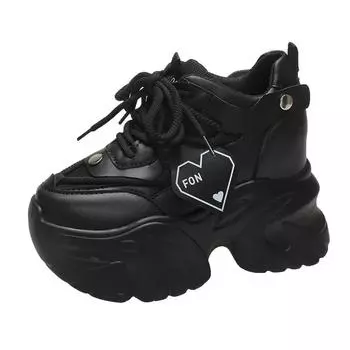 9.5CM каблук толстые кроссовки весна осень женская вентилируемая обувь удобная повседневная кожаная обувь женские нескользящие толстые кроссовки 35