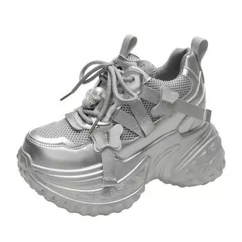 9.5CM Women Mesh Chunky Sneakers Autumn High Platform Shoes High Heels Wedges Casual Shoes Woman Breathable Sports Dad Sneakers 34 бежевый
