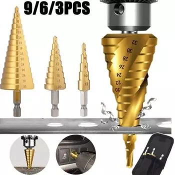 9/6/3 шт. Ступенчатое сверло HSS с титановым покрытием, быстрорежущая сталь, металл, дерево, фреза, конусный сверлильный инструмент 6PCS-2SET
