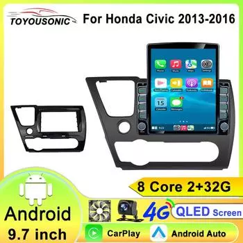 9,7-дюймовый Android 13 автомобильный радиоприемник для Honda Civic 9 2013 - 2016 стерео беспроводной Carplay автонавигация GPS мультимедийный плеер 8 core 2GB+32GB
