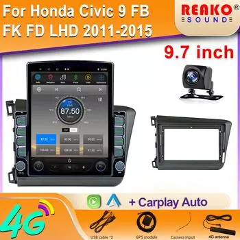 9,7-дюймовый вертикальный экран Tesla Android 12.0 для Honda Civic 9 FB FK FD LHD 2011-2015 Мультимедийный проигрыватель Carplay GPS-навигация 8 core 2GB+32GB