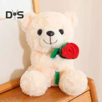 9,8-дюймовая мягкая плюшевая кукла-медведь с красной розой, мягкая плюшевая игрушка-животное на День святого Валентина, день рождения, многоцелевое украшение, приятный для кожи компаньон для объятий белый