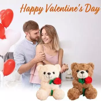 9,8-дюймовая мягкая плюшевая кукла-медведь с красной розой, мягкая плюшевая игрушка-животное на День святого Валентина, день рождения, многоцелевое украшение, приятный для кожи компаньон для объятий коричневый