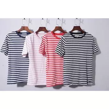 9.9 Yuan 37318 Stripes Short-Sleeved T-shirt Pure Cotton round Neck Women s Summer Easiest for Match Loose Slim Looking Tops Black and white Stripes M