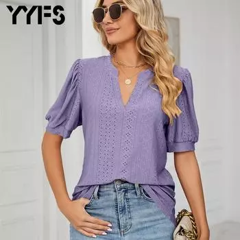 YYFS женские модные повседневные летние весенние однотонные блузки и рубашки с короткими рукавами и v-образным вырезом с принтом S