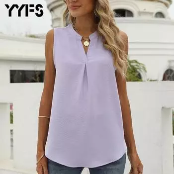 YYFS женские модные летние весенние повседневные однотонные футболки и топы без рукавов с v-образным вырезом и принтом S