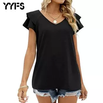 YYFS женские модные повседневные летние однотонные блузки и рубашки с короткими рукавами и v-образным вырезом с принтом S