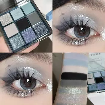 9 цветов Прохладная тонированная палитра теней для век Сине-серая дымчатая палитра Матовая блестящая палитра теней для век Дымчатые тени для век Палитра пигментов для век 1pc