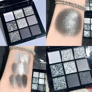 9 цветов Punk Smokey Eyeshadow Palette Cool Toned Matte Glitter Eye Shadow Makeup Palette Gray Black Eye Pigment Makeup Palette 01-with mirror