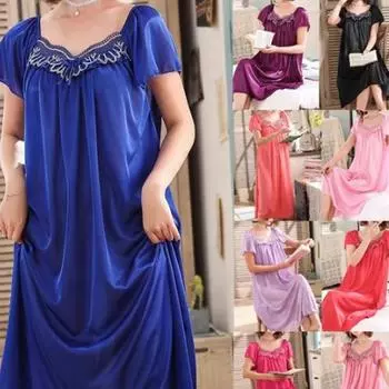 9 цветов, женское пижамное платье больших размеров, кружевное атласное длинное ночное платье с короткими рукавами, удобная домашняя одежда, шелковая одежда для сна 4XL 90-105kg чёрный