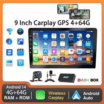 9-дюймовый 2 DIN автомобильный стерео радиоприемник Wirless Carplay Android Auto Car Stereo Bluetooth 64G GPS навигация RDS WiFi USB FM DAB+CAM