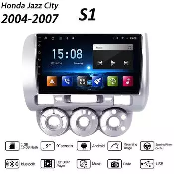 9-дюймовый автомобильный радиоприемник для Honda Jazz City 2004-2007, автомобильный мультимедийный видеоплеер, стерео радио, GPS-навигация, WIFI, 1 + 16 ГБ