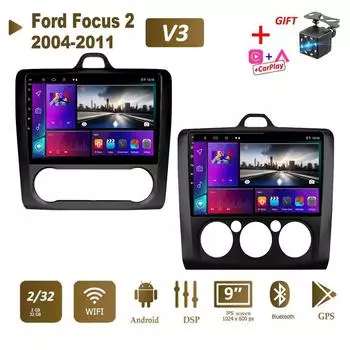 9-дюймовый автомобильный радиоприемник на базе Android для Ford Focus 2 3 Exi MT AT Mk2 Mk3 2004-2011 2Din GPS Carplay видеонавигационный экран черный 2 + 32 ГБ 1+16GB,MT
