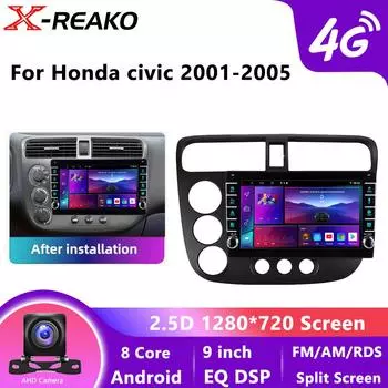 9-дюймовый беспроводной автомобильный радиоприемник для Honda Civic 2001-2005 с сенсорным экраном CarPlay Android Auto Car Video Player с GPS-навигацией, камерой USB 4+64