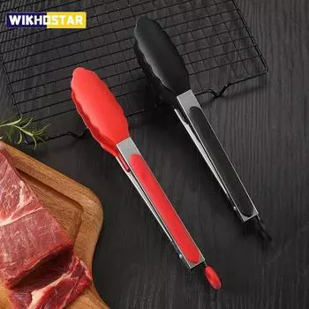 9-дюймовый силиконовый зажим для еды из нержавеющей стали, кухонные принадлежности, жареный стейк, тост, инструмент для барбекю, зажим для еды чёрный