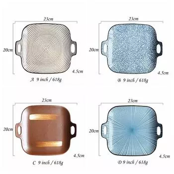 9 inch Japanese Dinner Plate Line Stripe Dinner Dishes with Double Handle Square Main Courses Dish