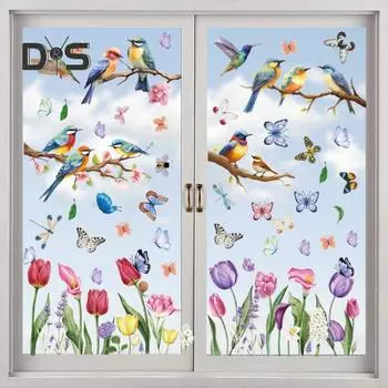 9 листов/компл. весеннее окно цепляются красочные цветы птицы бабочки водостойкие ПВХ многоразовые электростатические стеклянные украшения наклейка наклейка разноцветный
