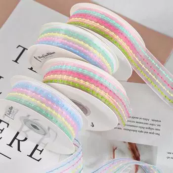 9 метров четырехцветной полосатой марлевой ленты для самостоятельной упаковки букета в виде банта светло-розовый