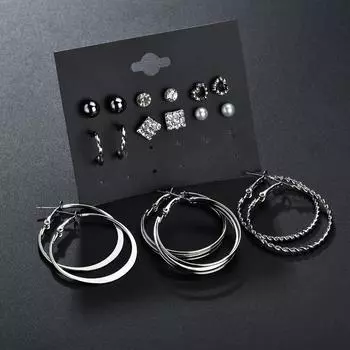 9 Pairs/set Earrings Circle Combination Set Earrings Earrings Set Silver Jewelry Accessories A