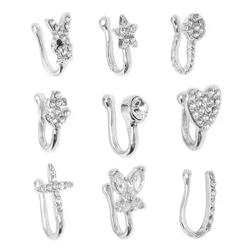 9 Pcs Fake Nose Rings Shiny Fashionable No Piercing Nose Clip Kit Faux Nose Rings for Women Silver серебряный