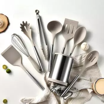 9 предметов из нержавеющей стали с антипригарным покрытием, силиконовый набор кухонных принадлежностей, лопатка, суповая ложка, кухонные принадлежности, вращающиеся на 360°, держатель для кухонных принадлежностей, ведро, венчик для взбивания яиц 9-piece s