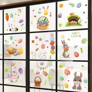 9 шт. электростатические наклейки на окна милые красочные мультяшные яйца кролики цыплята цветы Пасха 20x30cm