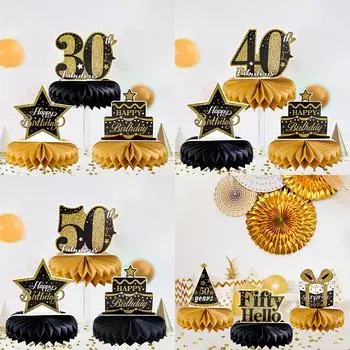 9 шт. Черно-золотые бумажные соты для дня рождения, украшения на 30-й, 40-й, 50-й день рождения с подсветкой, декоративные изделия своими руками