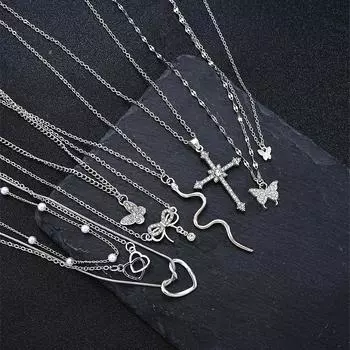 9 шт. Элегантный комплект ожерелий для женщин, сверкающие стразы, милые бабочки, сердца, крест, бант, ожерелья, ювелирные изделия для вечеринок, подарки