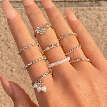 9 шт./компл. элегантный женский комплект из искусственного жемчуга, стразы, бабочки, кольца, декор, кольца на палец, ювелирные изделия, подарок