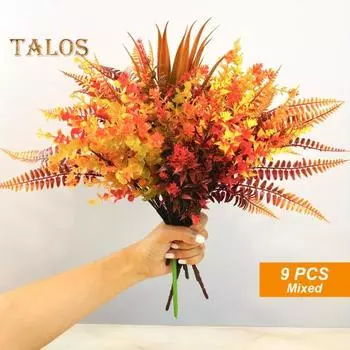 9 шт./компл. Осенний букет искусственных растений, реалистичный искусственный пластиковый эвкалипт, папоротник, Хэллоуин, День благодарения, фестиваль урожая, для помещений и улицы, искусственный лист Sets