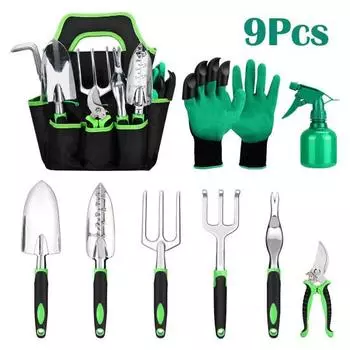 9 шт./компл. садовые инструменты, лопата, грабли, резак, кувшин для полива, перчатки с сумкой для хранения зелёный