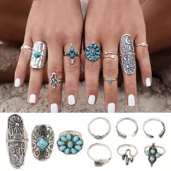 9 шт./компл. женский цветок кактуса в форме нерегулярной искусственной бирюзы полированный гладкий нержавеющий этнический сплав серебряный