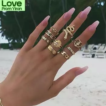 9 шт. /Комплект Золотое Кольцо Bohomia Для Женщин Винтажное Кольцо В Форме Змеи Циркон Регулируемое Кольцо Готическое Ювелирное Подарочное Кольцо Anillos Mujer