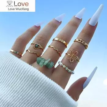 9 шт. Модное кольцо в стиле бохо с кристаллами и бусинами, комплект из полых колец с любовью, зеленый натуральный камень, цветок, тренд, подарок, винтажные ювелирные изделия, эстетика