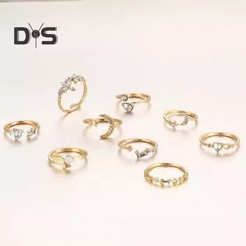 9 шт./набор женских колец, набор из разных форм, декор из страз, звезда, луна, бабочка, сердце, регулируемые женские украшения для пальцев серебряный