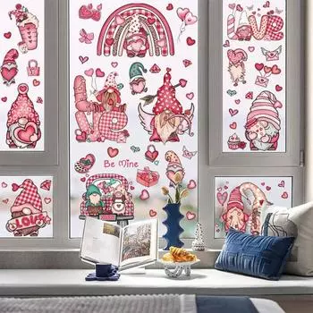 9 шт., наклейки на окно ко Дню святого Валентина, дизайн гнома-гнома с богатой формой сердца, создают атмосферу украшения, оконные наклейки на тему любви A