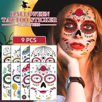 9 шт. наклейки в виде черепа и лица призрака водонепроницаемые временные жуткие татуировки макияж для лица принадлежности для вечеринок на Хэллоуин as piccture