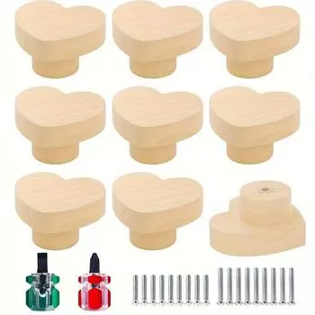 9 шт. Натуральные деревянные ручки для шкафа в форме сердца, деревянные ручки для ящиков ручной работы, ручки для комода, фурнитура(С винтами и отверткой) 9pcs
