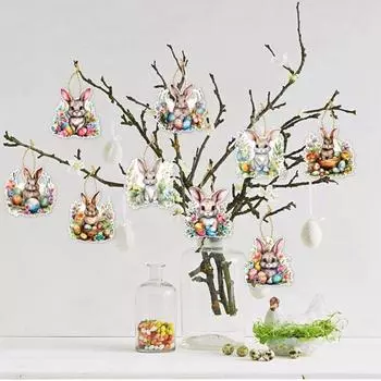 9 шт./пакет, пасхальный кролик, окрашенный деревянный настольный орнамент, автомобильный кролик, автомобильный кулон, домашний реквизит, пасхальное украшение 9pcs